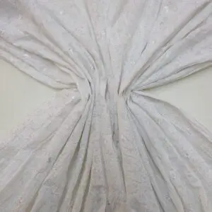 Polyester Cotton Fabric Crinkle Burnt Out Pansy With Embroidery White