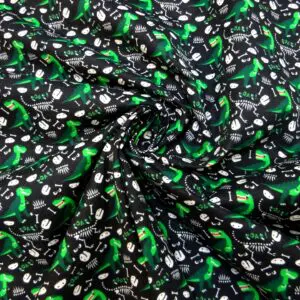 Brushed Cotton Fabric Extinct Jurassic Dinosaurs Black/Emerald