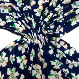 Georgette Fabric Floral Black Flower Stamps Navy/White