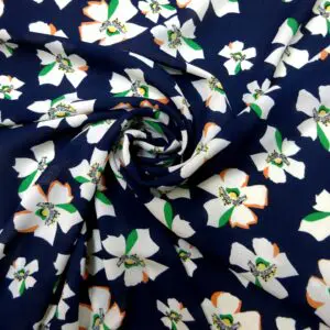 Georgette Fabric Floral Black Flower Stamps Navy/White
