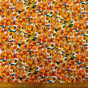 Viscose Fabric Floral Marigolds Meadow Golden Yellow White