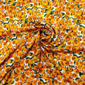 Viscose Fabric Floral Marigolds Meadow Golden Yellow White