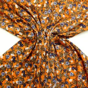 Crinkle Viscose Fabric Floral Pretty Petunias Orange