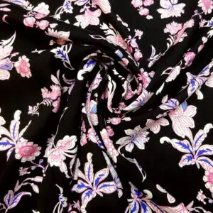 Viscose Fabric Floral Night Lillies Black White Cerise