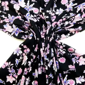Viscose Fabric Floral Night Lillies Black White Cerise