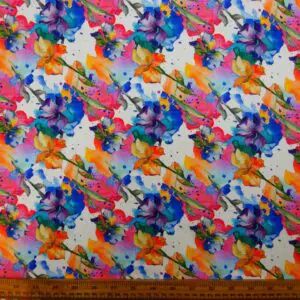 Viscose Fabric Floral Iris Watercolour White Multi