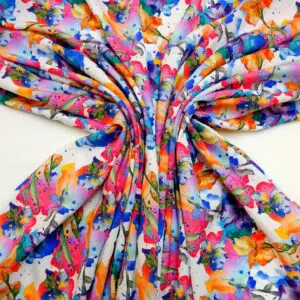 Viscose Fabric Floral Iris Watercolour White Multi