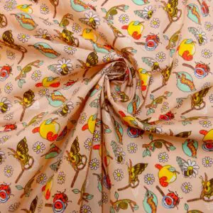Polyester Cotton Fabric Floral Apple Butterflies Pink