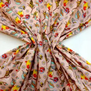 Polyester Cotton Fabric Floral Apple Butterflies Pink