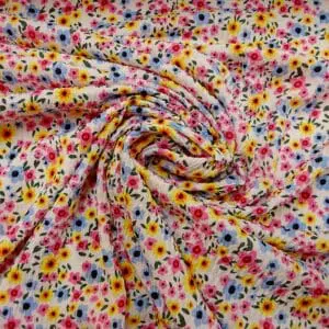 Crinkle Fabric Faux Cotton Feel Dolly Mixture Ivory Pink Blue