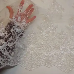 Lace Fabric Bridal Scalloped Sequinned English Snow Drop Ivory