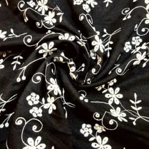 Linen Look Fabric Suiting Embroidered Anglais Floral Black Ivory