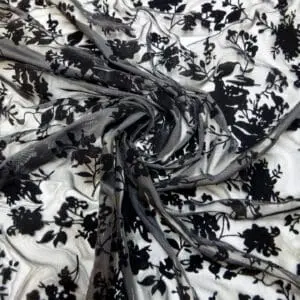 Mesh Netting Fabric Flocked Russian Blooms Black