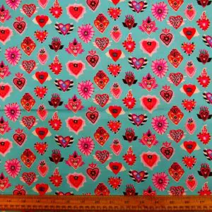Cotton Fabric Dashwood Craft Cotton Biker Hearts Turquoise