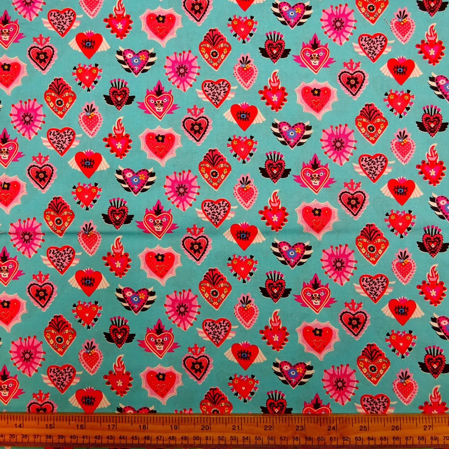 Cotton Fabric Dashwood Craft Cotton Biker Hearts Turquoise