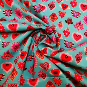Cotton Fabric Dashwood Craft Cotton Biker Hearts Turquoise
