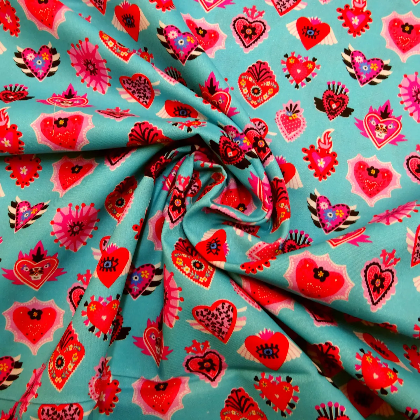 Cotton Fabric Dashwood Craft Cotton Biker Hearts Turquoise