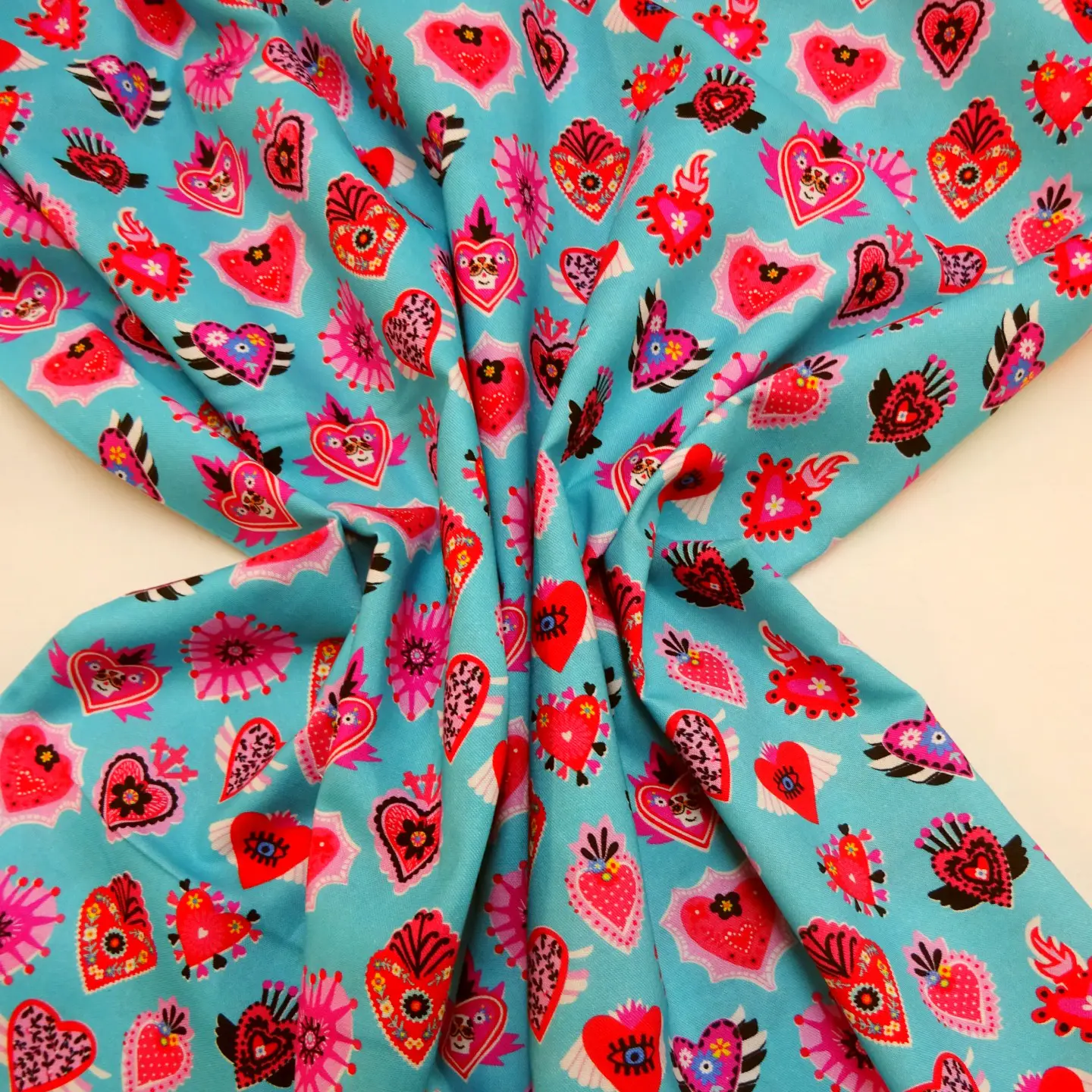 Cotton Fabric Dashwood Craft Cotton Biker Hearts Turquoise