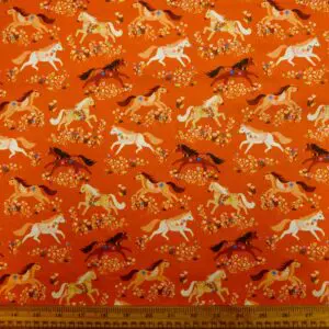 Cotton Fabric Dashwood Craft Cotton Merry Go Round Horses Terracotta Rust