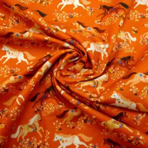 Cotton Fabric Dashwood Craft Cotton Merry Go Round Horses Terracotta Rust