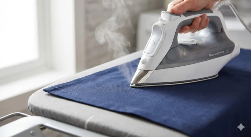 A steam iron pressing a piece of navy blue cotton fabric flat on an ironing board.