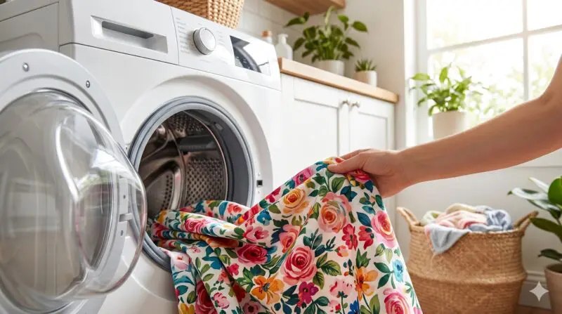 Floral patterned cotton fabric being placed into a front-loading washing machine for pre-washing.