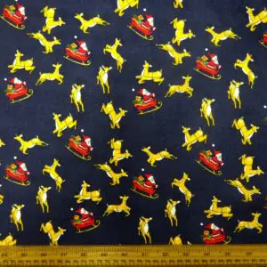 Christmas Fabric Polyester Cotton Dashing Reindeers Navy