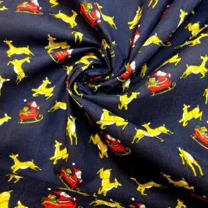Christmas Fabric Polyester Cotton Dashing Reindeers Navy
