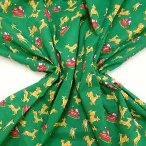 Christmas Fabric Polyester Cotton Dashing Reindeers Green