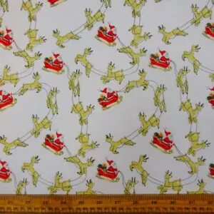 Christmas Fabric Polyester Cotton Dashing Reindeers White