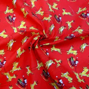 Christmas Fabric Polyester Cotton Dashing Reindeers Red