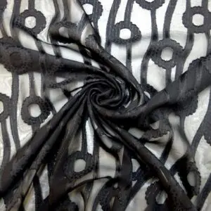 Chiffon Fabric Burnout With Silver Thread Flower Stalk Black