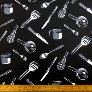 Cotton Fabric Light Canvas Cutlery Black White
