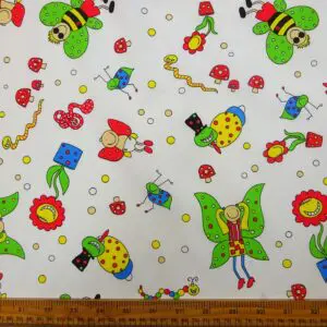 Cotton Fabric Garden Frolic Cartoons White