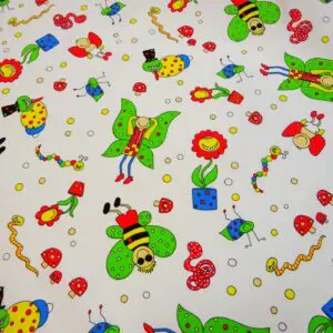 Cotton Fabric Garden Frolic Cartoons White