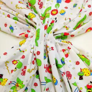 Cotton Fabric Garden Frolic Cartoons White