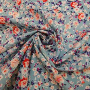 Crepe De Chine Fabric Floral Milky Pansy Blue Duck Egg