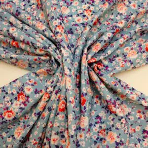 Crepe De Chine Fabric Floral Milky Pansy Blue Duck Egg