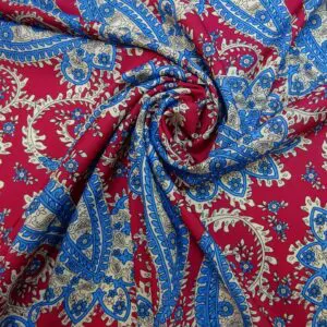 Crepe De Chine Fabric Victorian Paisley Cerise/Blue