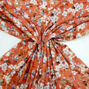 Crepe De Chine Fabric Floral Apple Blossom Coral