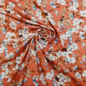 Crepe De Chine Fabric Floral Apple Blossom Coral
