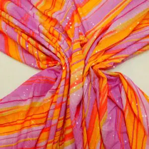 Lycra Fabric Dolly Diagonals With Clear Sequins Pink/Orange