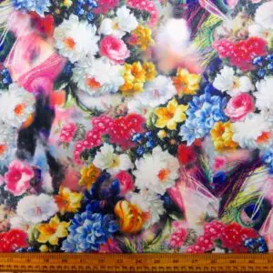 Scuba Jersey Fabric London Garden Blue Pink Ivory