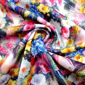 Scuba Jersey Fabric London Garden Blue Pink Ivory