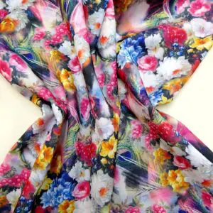 Scuba Jersey Fabric London Garden Blue Pink Ivory