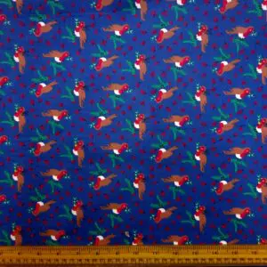 Christmas Polyester Cotton Fabric Christmas Robins Navy