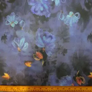 Chiffon Fabric Floral Acorn Husks Blue Turquoise