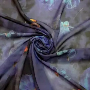 Chiffon Fabric Floral Acorn Husks Blue Turquoise