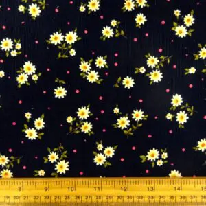 Corduroy Fabric Skinny Rib Floral Vanilla Daisy Navy