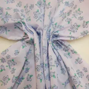 Polyester Cotton Fabric Floral De Lu Lu Rose On White Blue